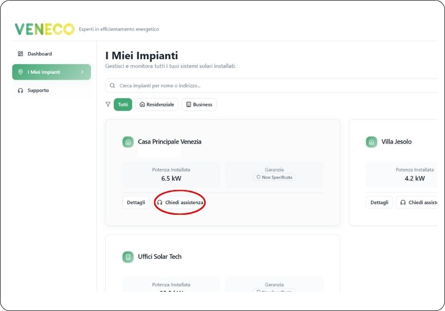 Richiesta supporto impianto